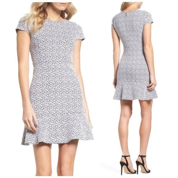 Michael Kors Floral Knit Jacquard Flounce Flare Black White Dress Size L - Picture 1 of 14